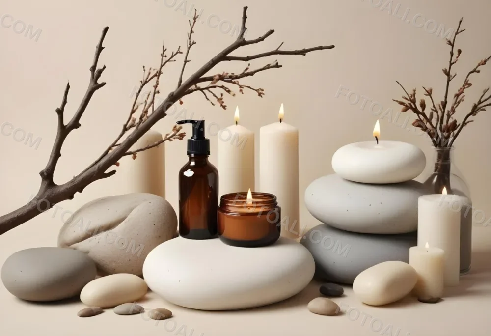 A Still Life Arrangement Featuring Various Natural Elements Such As Stones Branches And Candles Along With Skincare And Beauty Products In Glass And Ceramic Containers 11 B743