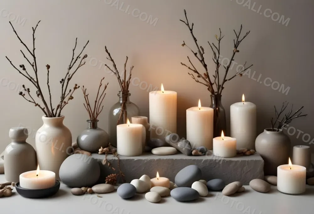 A Still Life Arrangement Featuring Various Natural Elements Such As Stones Branches And Candles Along With Skincare And Beauty Products In Glass And Ceramic Containers 15 1fb4