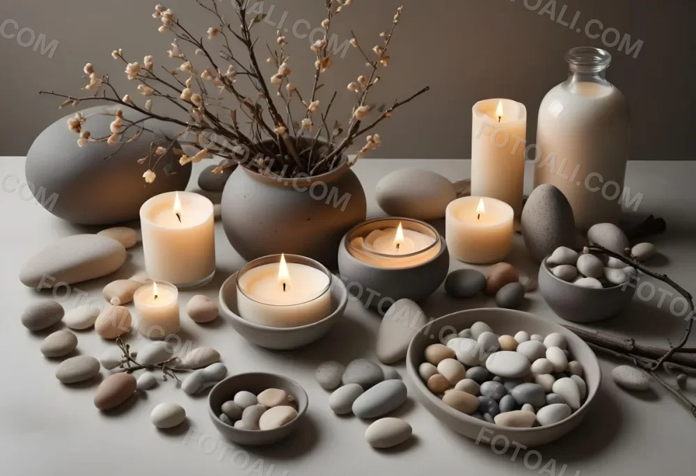 A Still Life Arrangement Featuring Various Natural Elements Such As Stones Branches And Candles Along With Skincare And Beauty Products In Glass And Ceramic Containers 3 Af1f