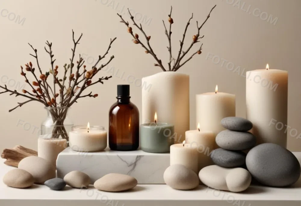 A Still Life Arrangement Featuring Various Natural Elements Such As Stones Branches And Candles Along With Skincare And Beauty Products In Glass And Ceramic Containers 4 9fcb
