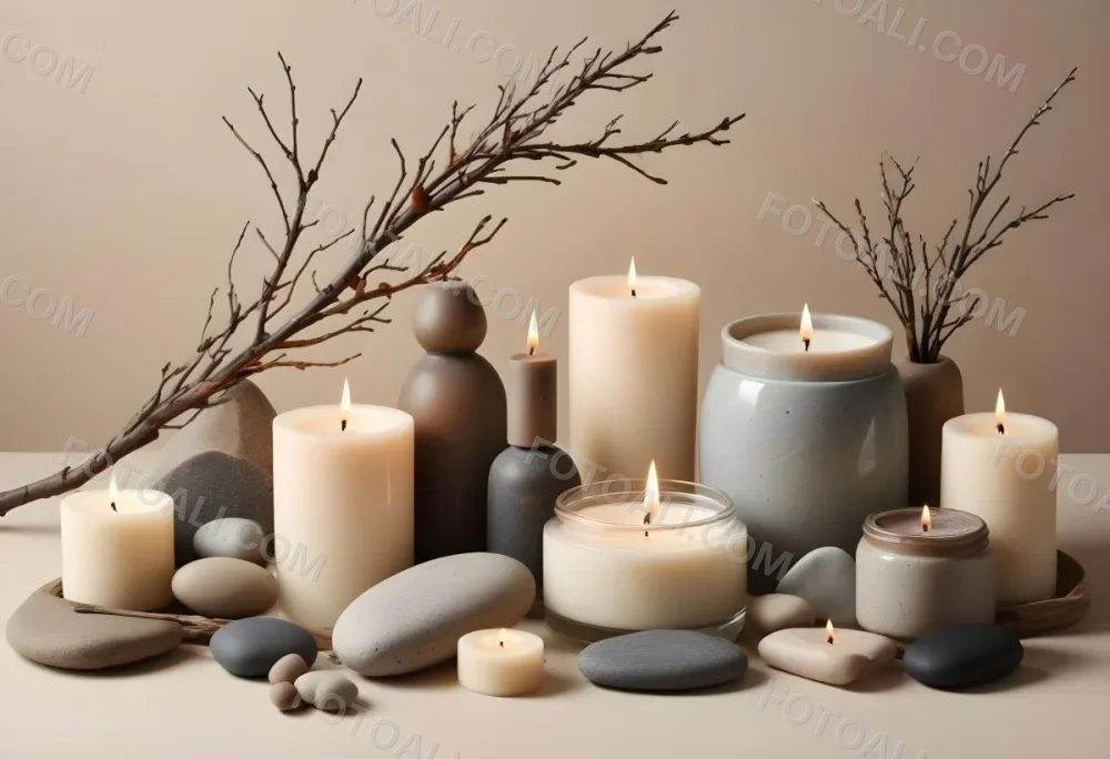 A Still Life Arrangement Featuring Various Natural Elements Such As Stones Branches And Candles Along With Skincare And Beauty Products In Glass And Ceramic Containers 4 Ef53