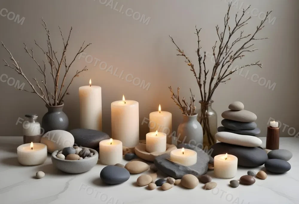 A Still Life Arrangement Featuring Various Natural Elements Such As Stones Branches And Candles Along With Skincare And Beauty Products In Glass And Ceramic Containers 5 5093
