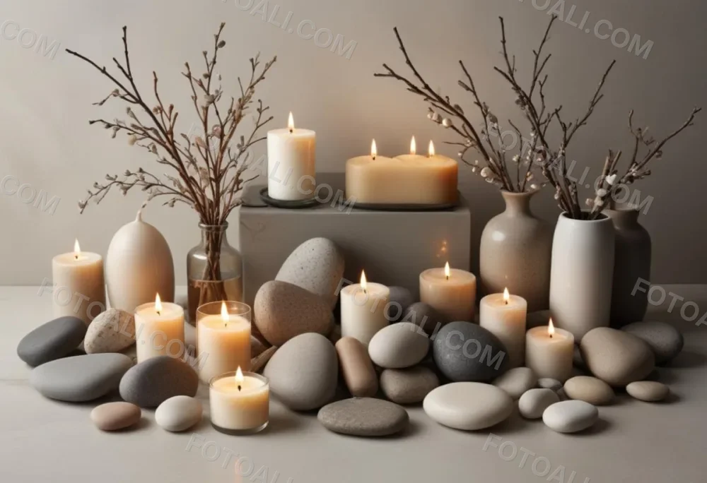 A Still Life Arrangement Featuring Various Natural Elements Such As Stones Branches And Candles Along With Skincare And Beauty Products In Glass And Ceramic Containers 5 8980