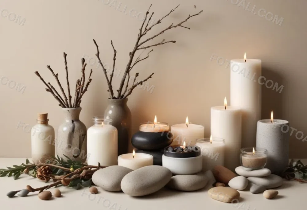 A Still Life Arrangement Featuring Various Natural Elements Such As Stones Branches And Candles Along With Skincare And Beauty Products In Glass And Ceramic Containers 6 60a6