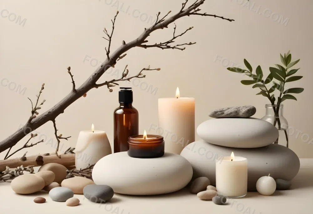A Still Life Arrangement Featuring Various Natural Elements Such As Stones Branches And Candles Along With Skincare And Beauty Products In Glass And Ceramic Containers 6 7d1e