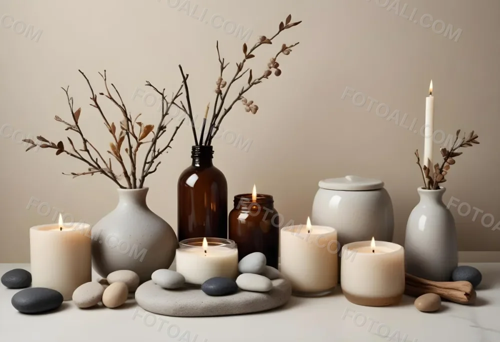 A Still Life Arrangement Featuring Various Natural Elements Such As Stones Branches And Candles Along With Skincare And Beauty Products In Glass And Ceramic Containers 7 2ed3