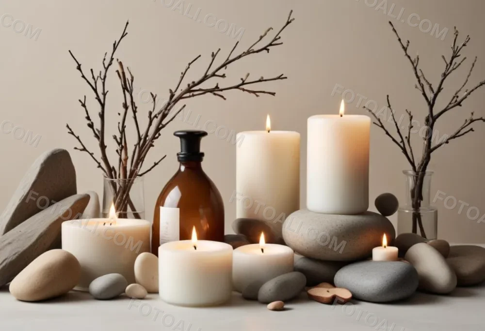 A Still Life Arrangement Featuring Various Natural Elements Such As Stones Branches And Candles Along With Skincare And Beauty Products In Glass And Ceramic Containers 7 4122