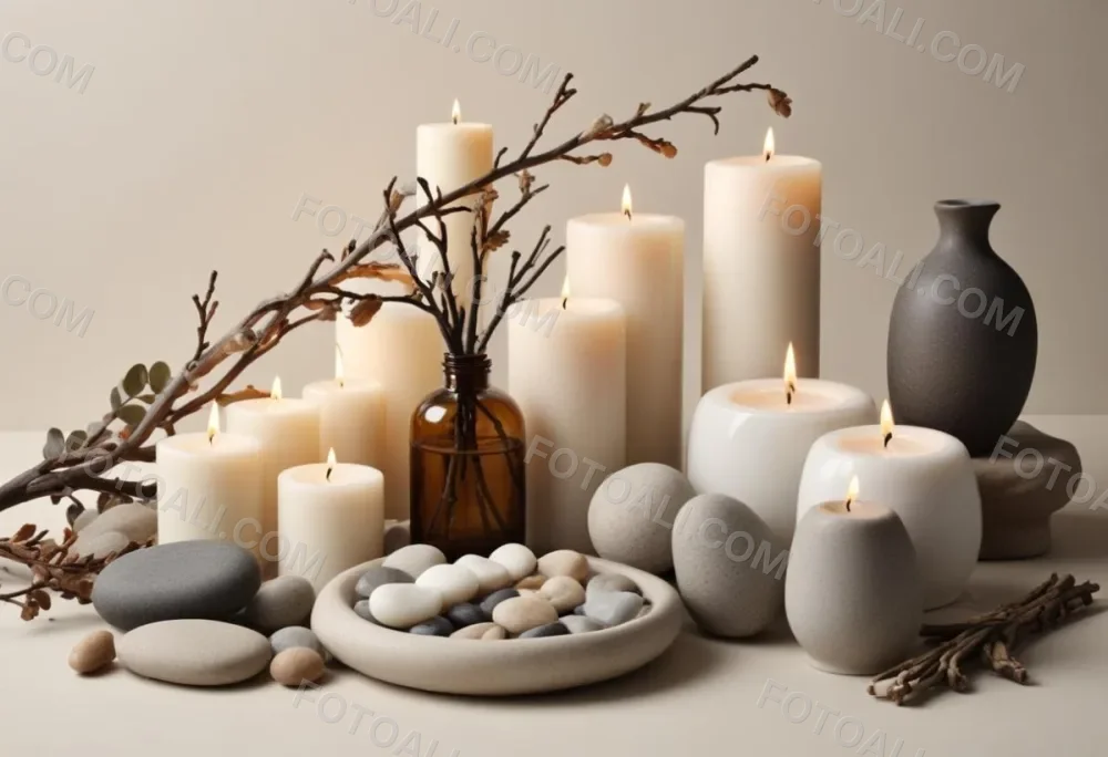 A Still Life Arrangement Featuring Various Natural Elements Such As Stones Branches And Candles Along With Skincare And Beauty Products In Glass And Ceramic Containers 8 14e8