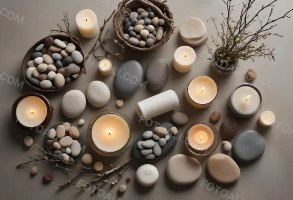 A Still Life Arrangement Featuring Various Natural Elements Such As Stones Branches And Candles Along With Skincare And Beauty Products In Glass And Ceramic Containers 9 1a8c