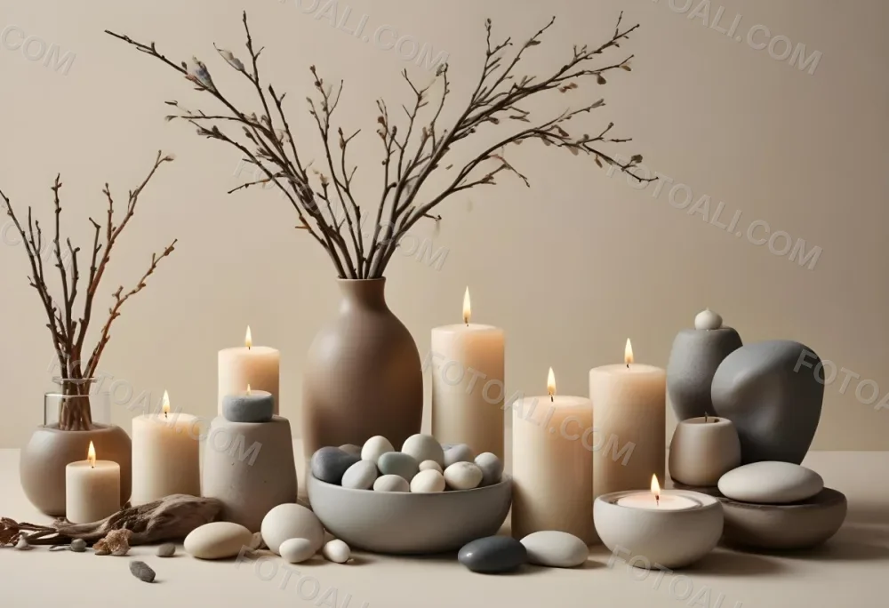 A Still Life Arrangement Featuring Various Natural Elements Such As Stones Branches And Candles Along With Skincare And Beauty Products In Glass And Ceramic Containers 9 C7f8