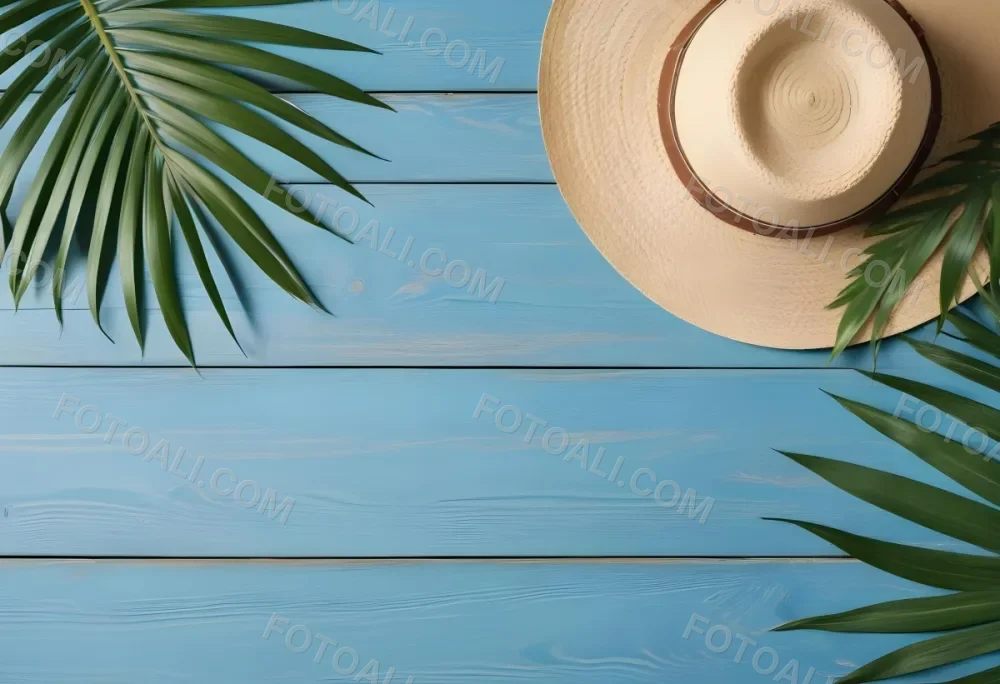 A Straw Hat And A Palm Leaf On A Blue Wooden Surface With Sand Creating A Summery And Beachy Vibe Top View 11 0cd0