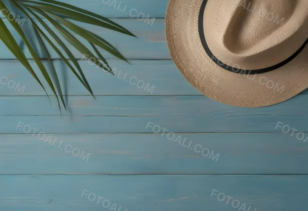 A Straw Hat And A Palm Leaf On A Blue Wooden Surface With Sand Creating A Summery And Beachy Vibe Top View 22 6812