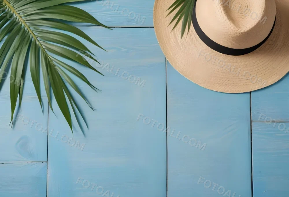 A Straw Hat And A Palm Leaf On A Blue Wooden Surface With Sand Creating A Summery And Beachy Vibe Top View 4 589c