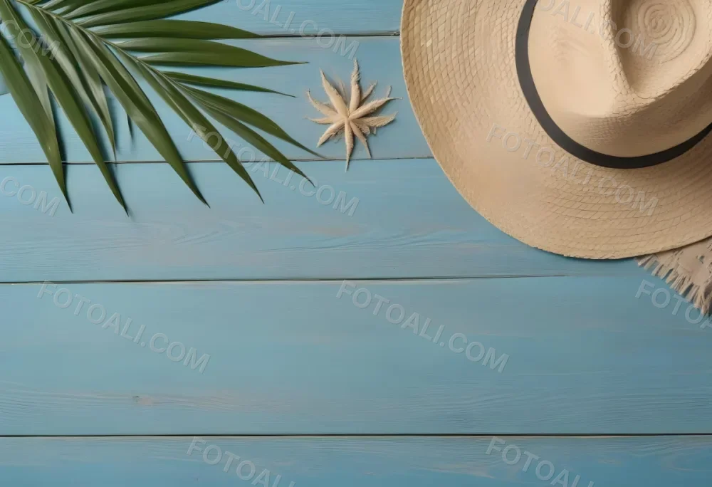 A Straw Hat And A Palm Leaf On A Blue Wooden Surface With Sand Creating A Summery And Beachy Vibe Top View 45 B404