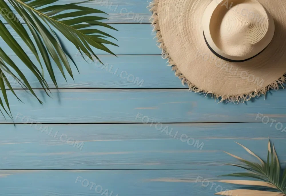 A Straw Hat And A Palm Leaf On A Blue Wooden Surface With Sand Creating A Summery And Beachy Vibe Top View 46 44c4