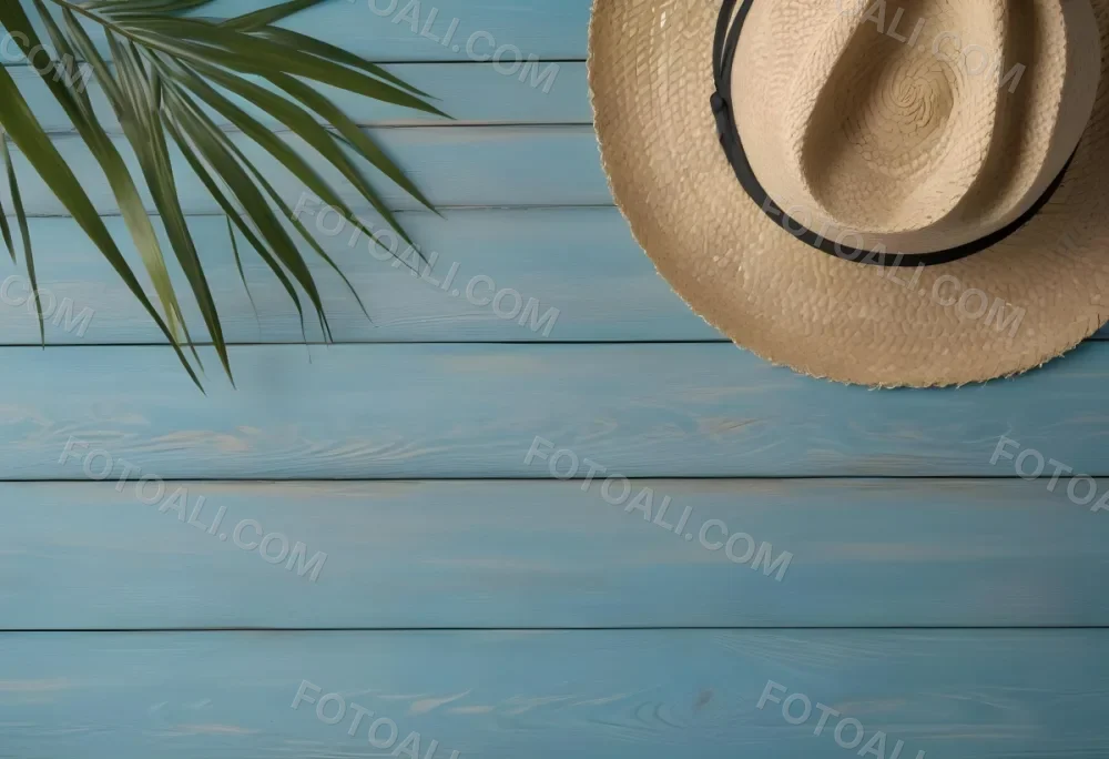 A Straw Hat And A Palm Leaf On A Blue Wooden Surface With Sand Creating A Summery And Beachy Vibe Top View 47 02fa