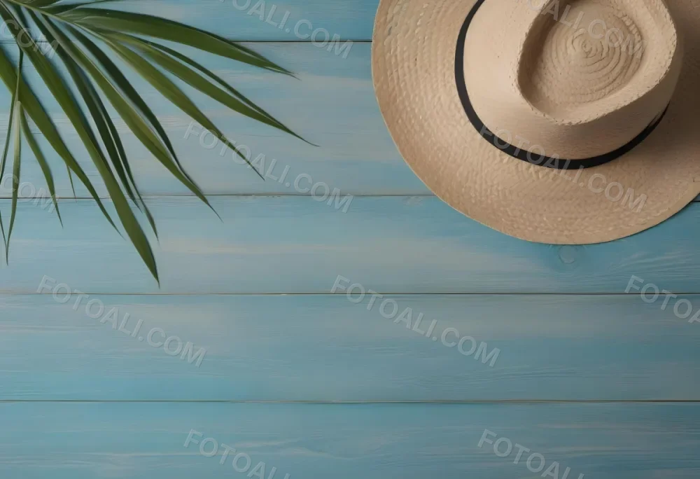 A Straw Hat And A Palm Leaf On A Blue Wooden Surface With Sand Creating A Summery And Beachy Vibe Top View 49 71d0