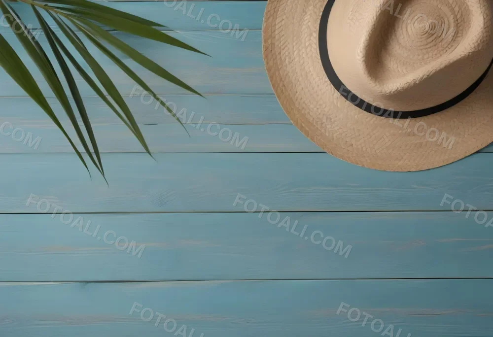 A Straw Hat And A Palm Leaf On A Blue Wooden Surface With Sand Creating A Summery And Beachy Vibe Top View 5 Ace7