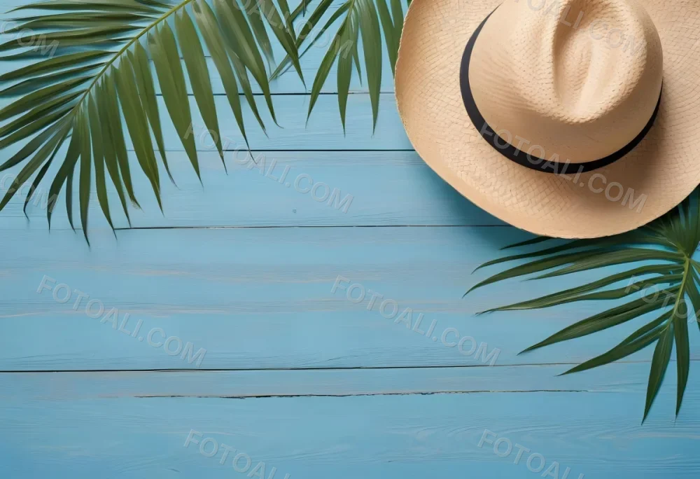 A Straw Hat And A Palm Leaf On A Blue Wooden Surface With Sand Creating A Summery And Beachy Vibe Top View 51 8c82