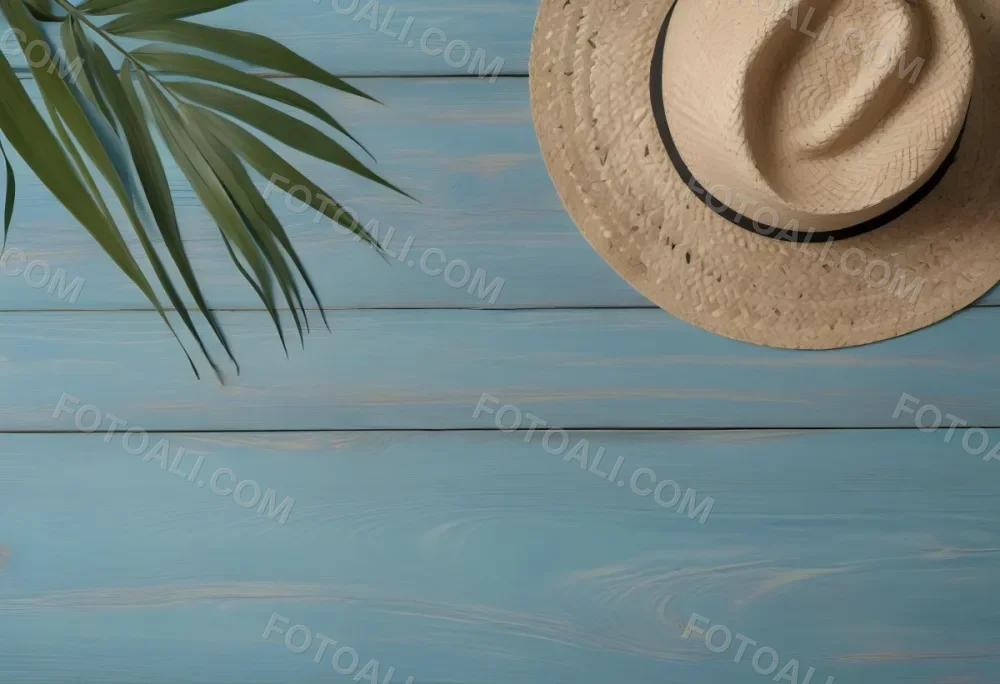 A Straw Hat And A Palm Leaf On A Blue Wooden Surface With Sand Creating A Summery And Beachy Vibe Top View 52 05c8