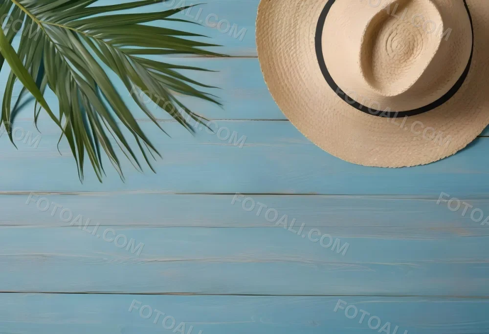 A Straw Hat And A Palm Leaf On A Blue Wooden Surface With Sand Creating A Summery And Beachy Vibe Top View 7 5f1c