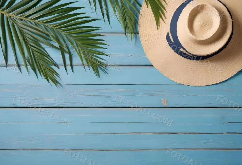 A Straw Hat And A Palm Leaf On A Blue Wooden Surface With Sand Creating A Summery And Beachy Vibe Top View 8 1385