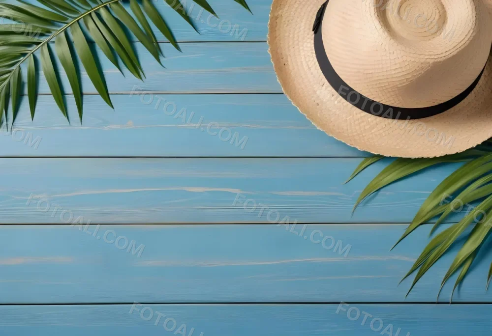 A Straw Hat And A Palm Leaf On A Blue Wooden Surface With Sand Creating A Summery And Beachy Vibe Top View 9 80b6