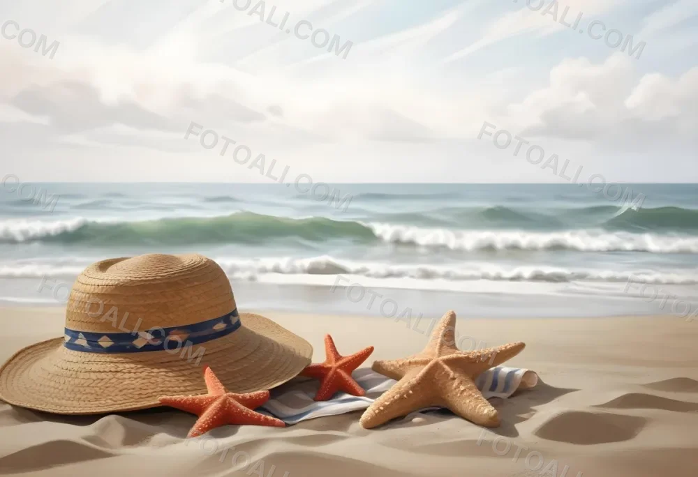A Straw Hat And A Starfish Next To A Beach Bag On The Sand Ocean Waves In The Background 39 9d10