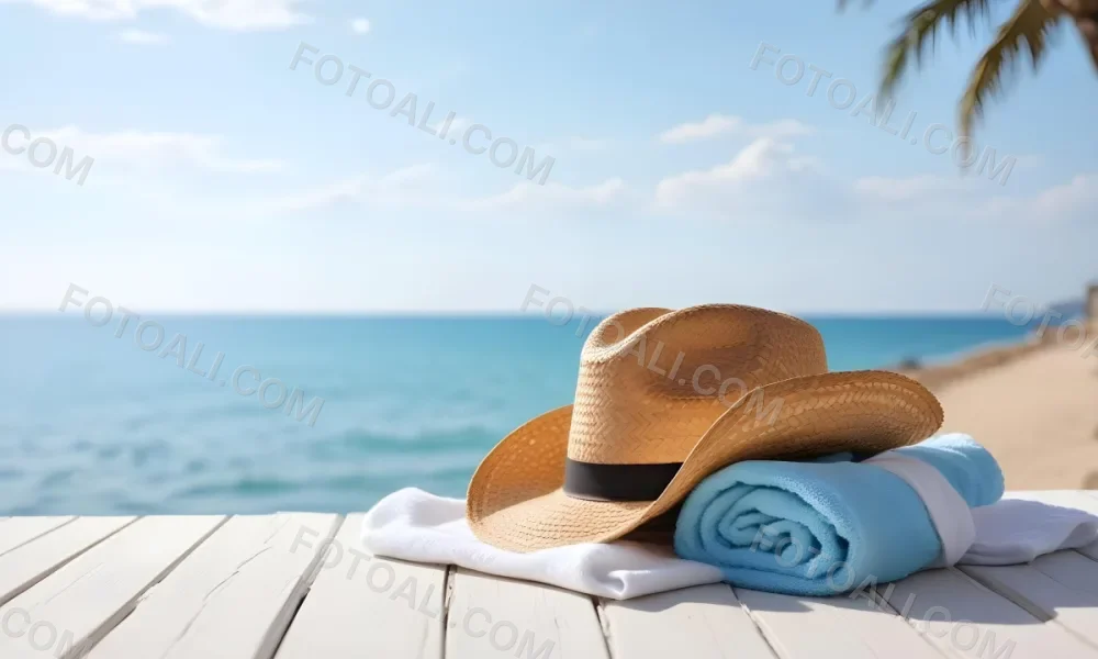A Straw Hat And A White Towel On A White Wooden Table With A Blurred Background Of The Sea And The Sky 1 2c0a