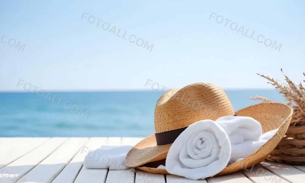 A Straw Hat And A White Towel On A White Wooden Table With A Blurred Background Of The Sea And The Sky 10 Bcc7