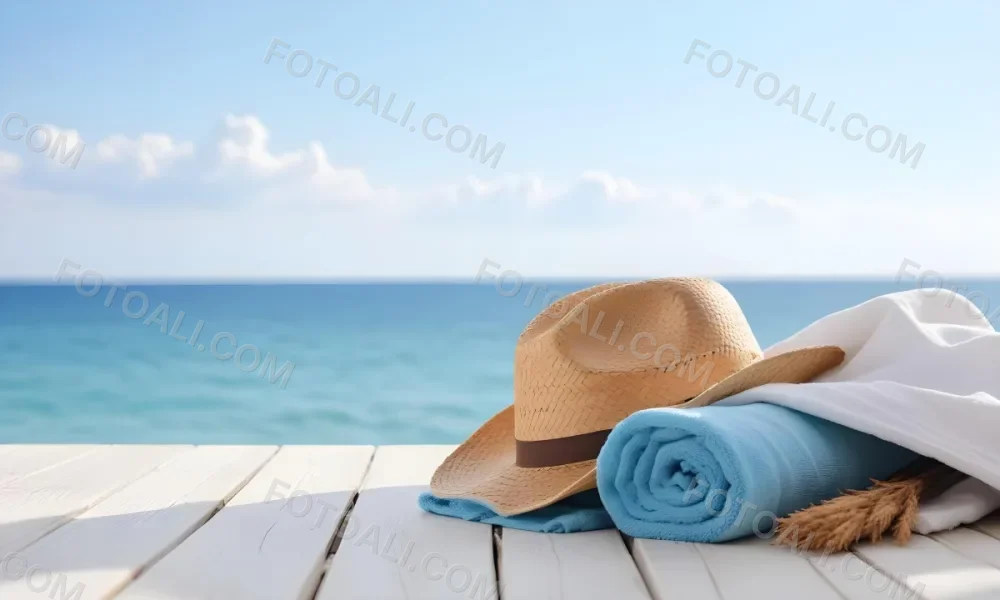 A Straw Hat And A White Towel On A White Wooden Table With A Blurred Background Of The Sea And The Sky 11 5fd5