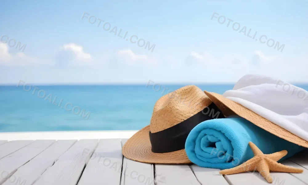 A Straw Hat And A White Towel On A White Wooden Table With A Blurred Background Of The Sea And The Sky 12 F5ab
