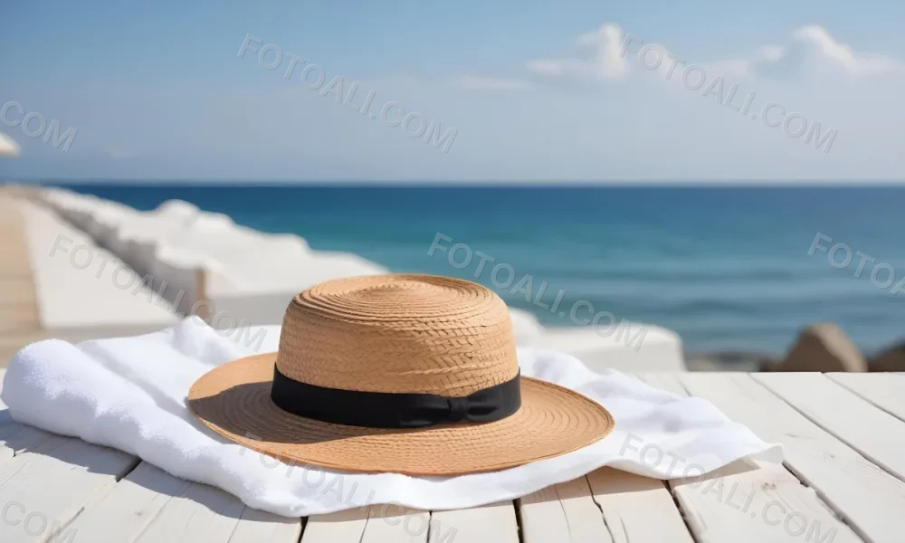 A Straw Hat And A White Towel On A White Wooden Table With A Blurred Background Of The Sea And The Sky 13 4e59
