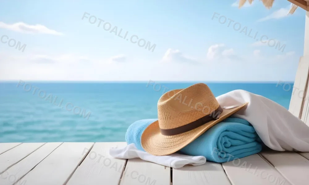 A Straw Hat And A White Towel On A White Wooden Table With A Blurred Background Of The Sea And The Sky 14 88dc