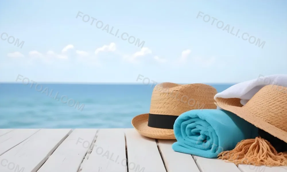 A Straw Hat And A White Towel On A White Wooden Table With A Blurred Background Of The Sea And The Sky 15 B641
