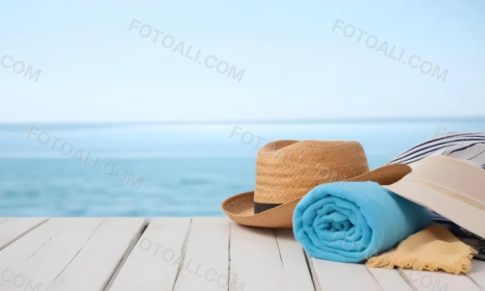 A Straw Hat And A White Towel On A White Wooden Table With A Blurred Background Of The Sea And The Sky 19 Af96