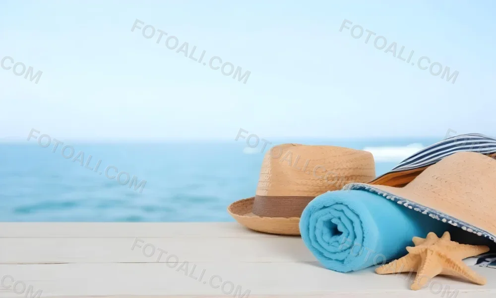 A Straw Hat And A White Towel On A White Wooden Table With A Blurred Background Of The Sea And The Sky 20 D820
