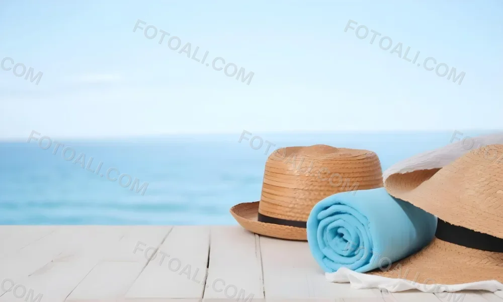 A Straw Hat And A White Towel On A White Wooden Table With A Blurred Background Of The Sea And The Sky 21 5ada