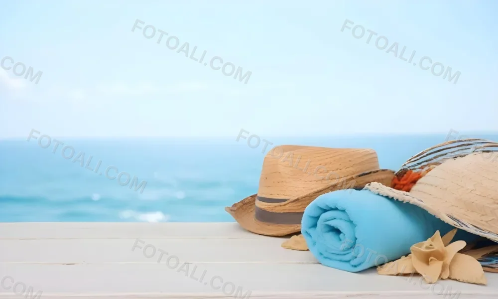 A Straw Hat And A White Towel On A White Wooden Table With A Blurred Background Of The Sea And The Sky 23 3e08