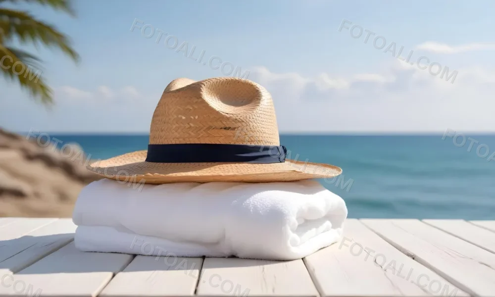 A Straw Hat And A White Towel On A White Wooden Table With A Blurred Background Of The Sea And The Sky 5 9293