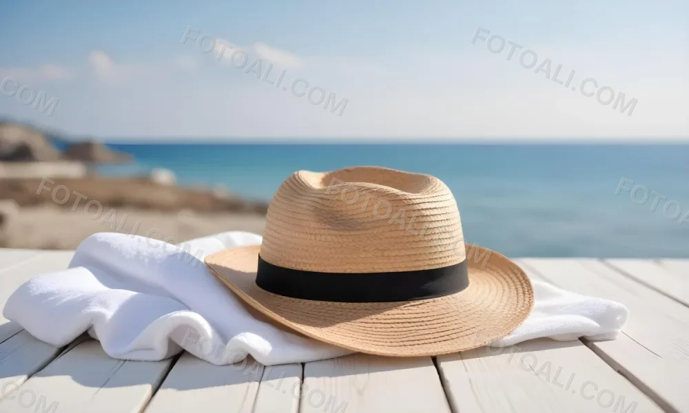 A Straw Hat And A White Towel On A White Wooden Table With A Blurred Background Of The Sea And The Sky 6 4755