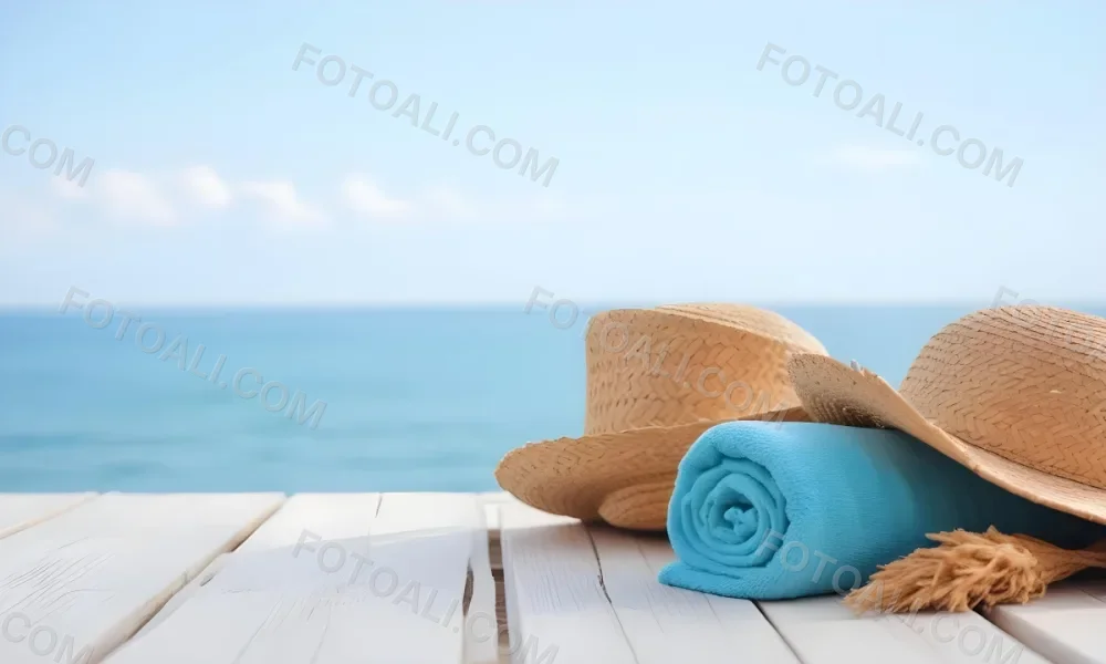 A Straw Hat And A White Towel On A White Wooden Table With A Blurred Background Of The Sea And The Sky 8 F86a