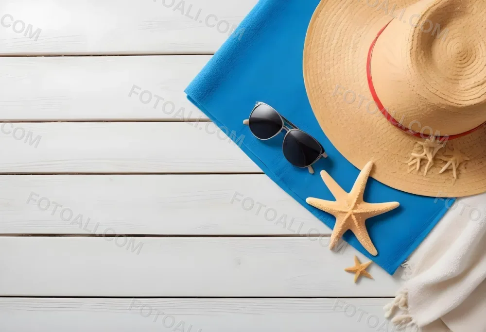 A Straw Hat Sunglasses And A Starfish On A Blue Towel All On A White Wooden Surface Creating A Beach Themed Composition 26 9865