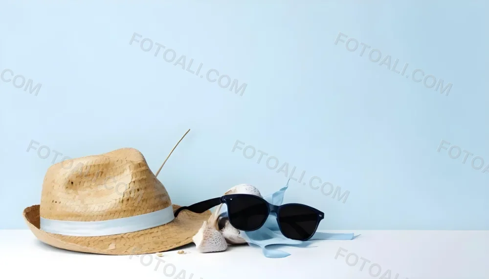 A Straw Hat With A Blue Ribbon Black Sunglasses A Seashell And A Seashell On A White Surface With A Light Blue Background 1 A2df