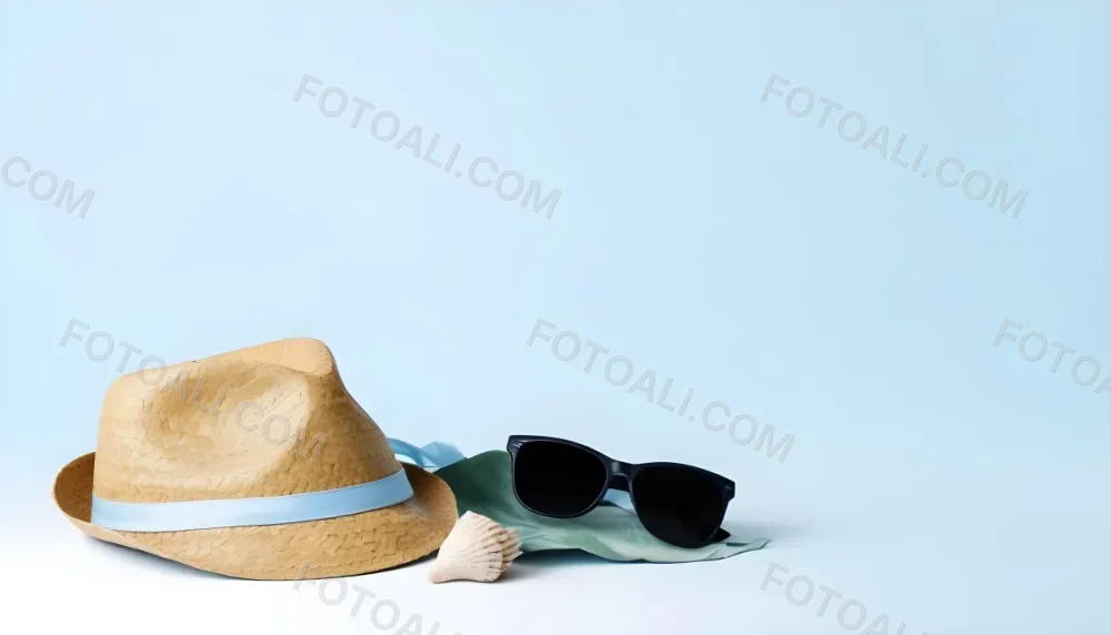 A Straw Hat With A Blue Ribbon Black Sunglasses A Seashell And A Seashell On A White Surface With A Light Blue Background 10 9015