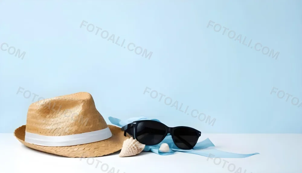 A Straw Hat With A Blue Ribbon Black Sunglasses A Seashell And A Seashell On A White Surface With A Light Blue Background 11 Ba86