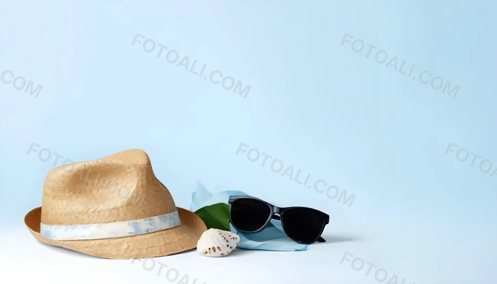 A Straw Hat With A Blue Ribbon Black Sunglasses A Seashell And A Seashell On A White Surface With A Light Blue Background 12 D08a