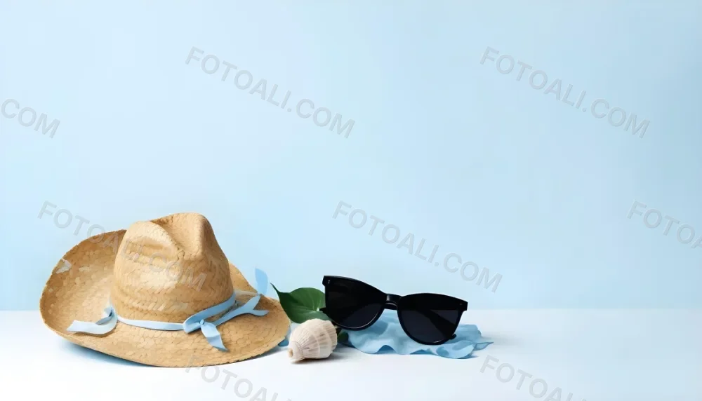A Straw Hat With A Blue Ribbon Black Sunglasses A Seashell And A Seashell On A White Surface With A Light Blue Background 2 07b7
