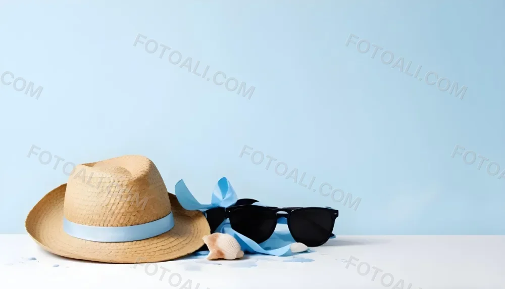 A Straw Hat With A Blue Ribbon Black Sunglasses A Seashell And A Seashell On A White Surface With A Light Blue Background 4 Bf13
