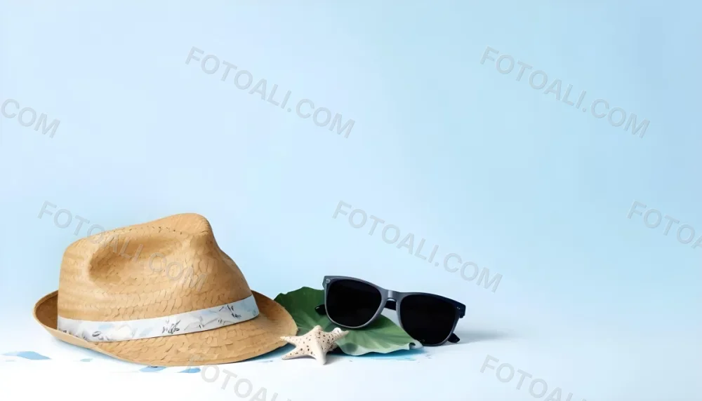 A Straw Hat With A Blue Ribbon Black Sunglasses A Seashell And A Seashell On A White Surface With A Light Blue Background 5 914e